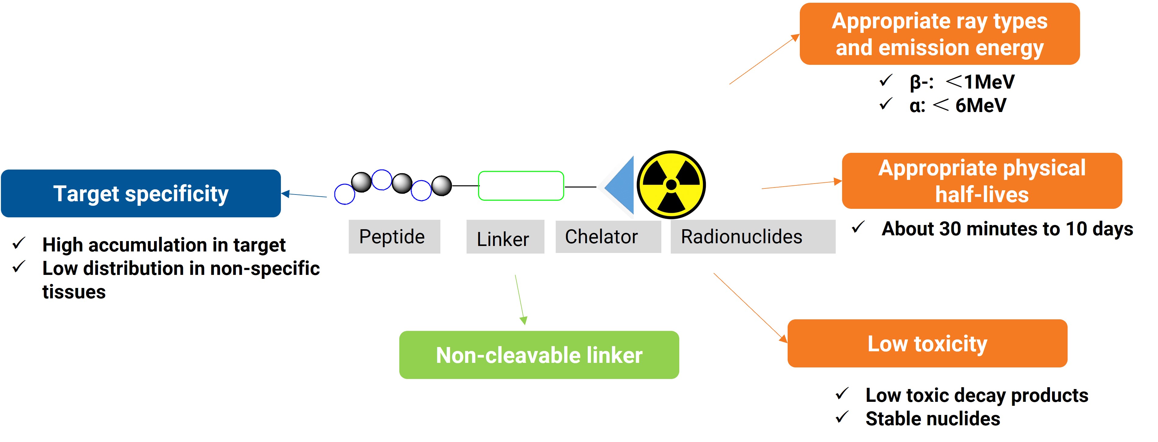 Characteristics of an ideal peptide-radionuclide conjugates