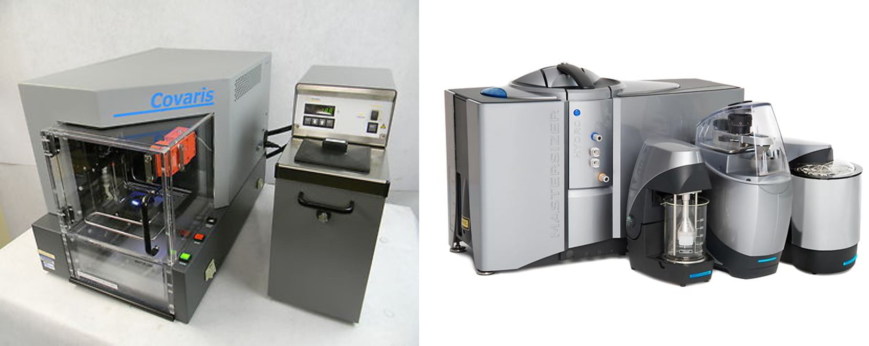 Covaris ultrasonicator (left) and Mastersizer particle size analyzer (right)