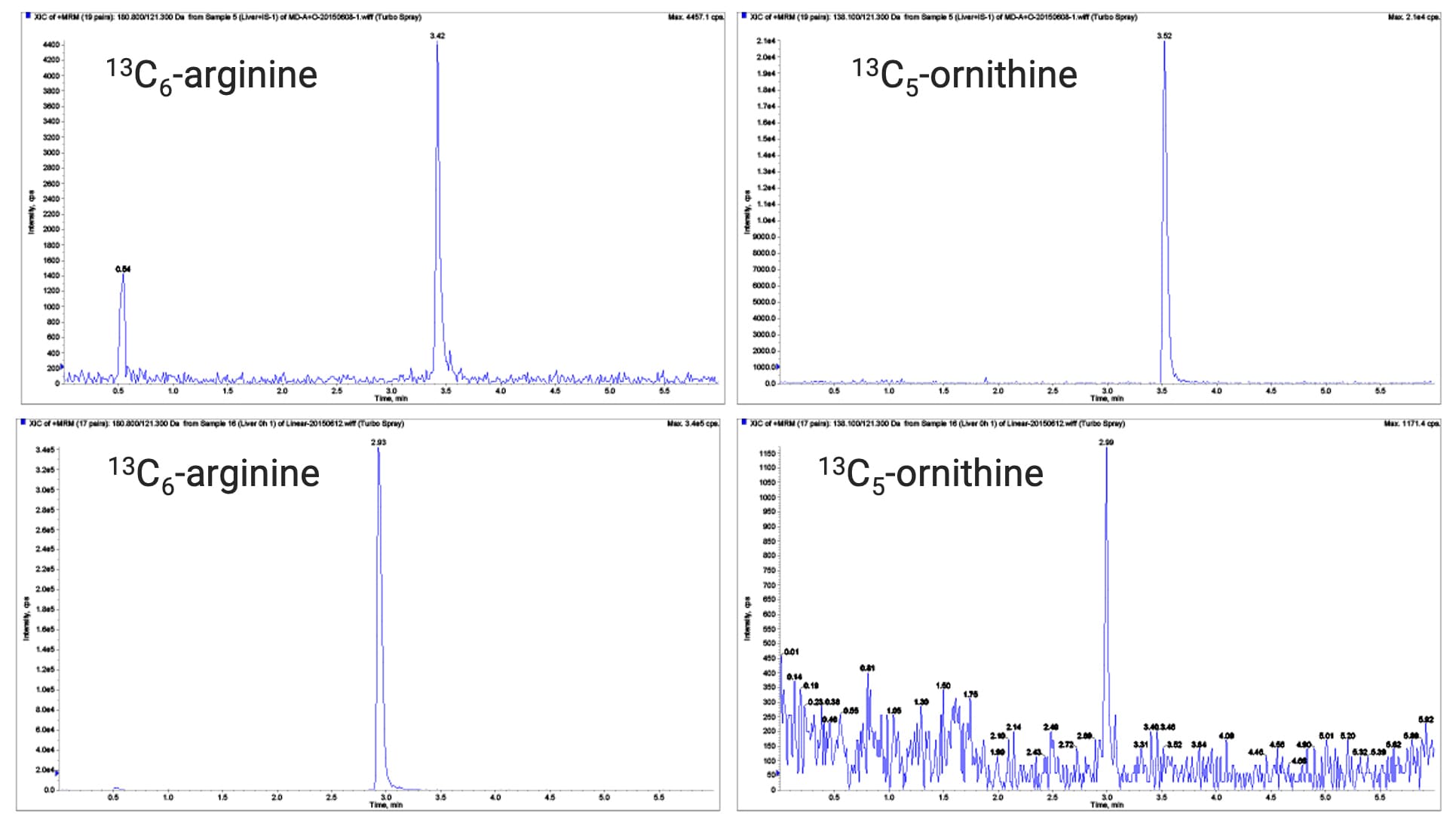 Mass spectrometry response of arginine and ornithine in 80% MeOH without (top) and with 1M citric acid (bottom) homogenate