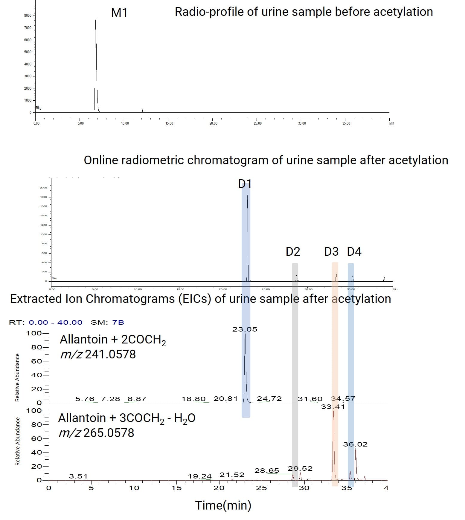 Generation of radioactive derivatives D1-D4 from M1 in the urine sample via acetylation