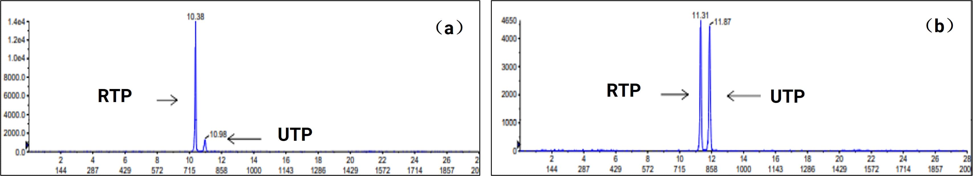 Separation analysis of RTP and UTP via LC-MS/MS in (a) red blood cells and (b) liver tissue Separation analysis of RTP and UTP via LC-MS/MS in (a) red blood cells and (b) liver tissue