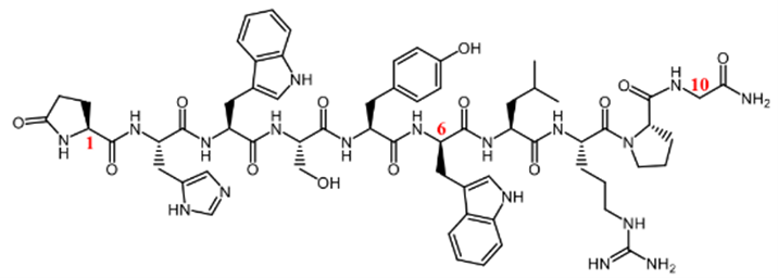 Structural formula of triptorelin (unnatural amino acid residues in red) Structural formula of triptorelin (unnatural amino acid residues in red)